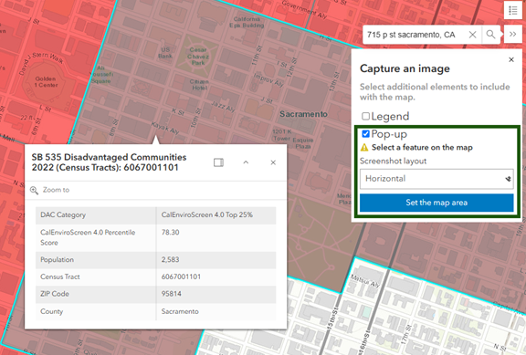 Screenshot of CALEPA tool with the Capture An Image option open and Pop Up checked